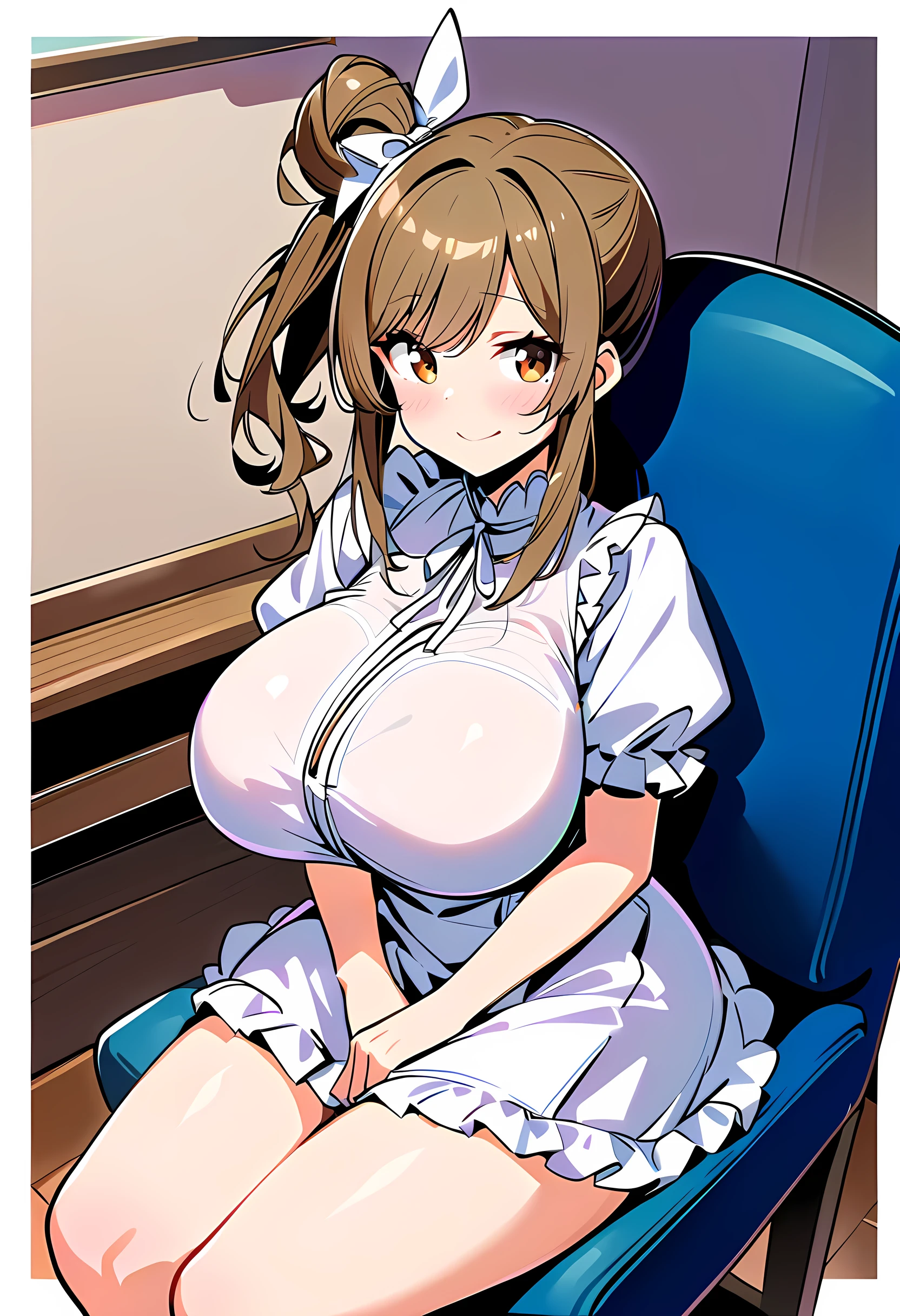 score_9_up,,score_8_up,score_7_up,score_6_up,score_5_up,score_4_up, 1 girl, satosasara, brown eyes, brown hair,(single hair bun:1.2), (right side ponytail:1.2), long sideburns,(( long hair)), frilled dress, white dress, white ribbon, short sleeves, puffy sleeves, puffy short sleeves, frills,(huge breasts),(curvy),smiling,embarrassed,graceful sitting blue chair,indoor,angle from front,looking at viewer,
