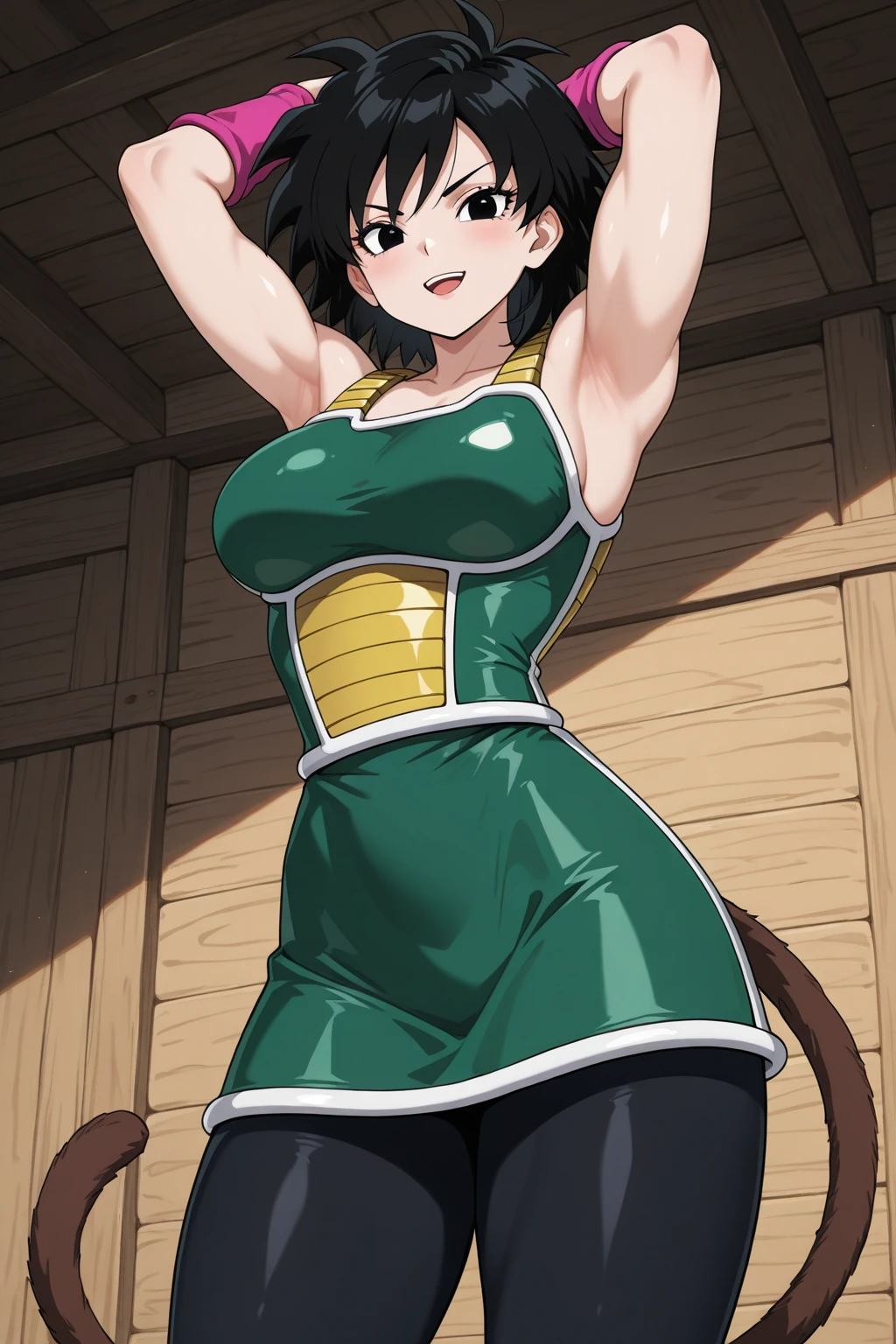 masterpiece, best quality, cowboy shot, 1girl, solo, saiyan armor, armor, black skirt, dress, wristband, black pantyhose, leggings, boots, bedroom background, indoors, nighttime, smile, happy, medium breasts, wide hips, curvy, thin waist, looking at viewer, bare shoulders, Gine, spiky hair, medium hair, black hair, anime screencap