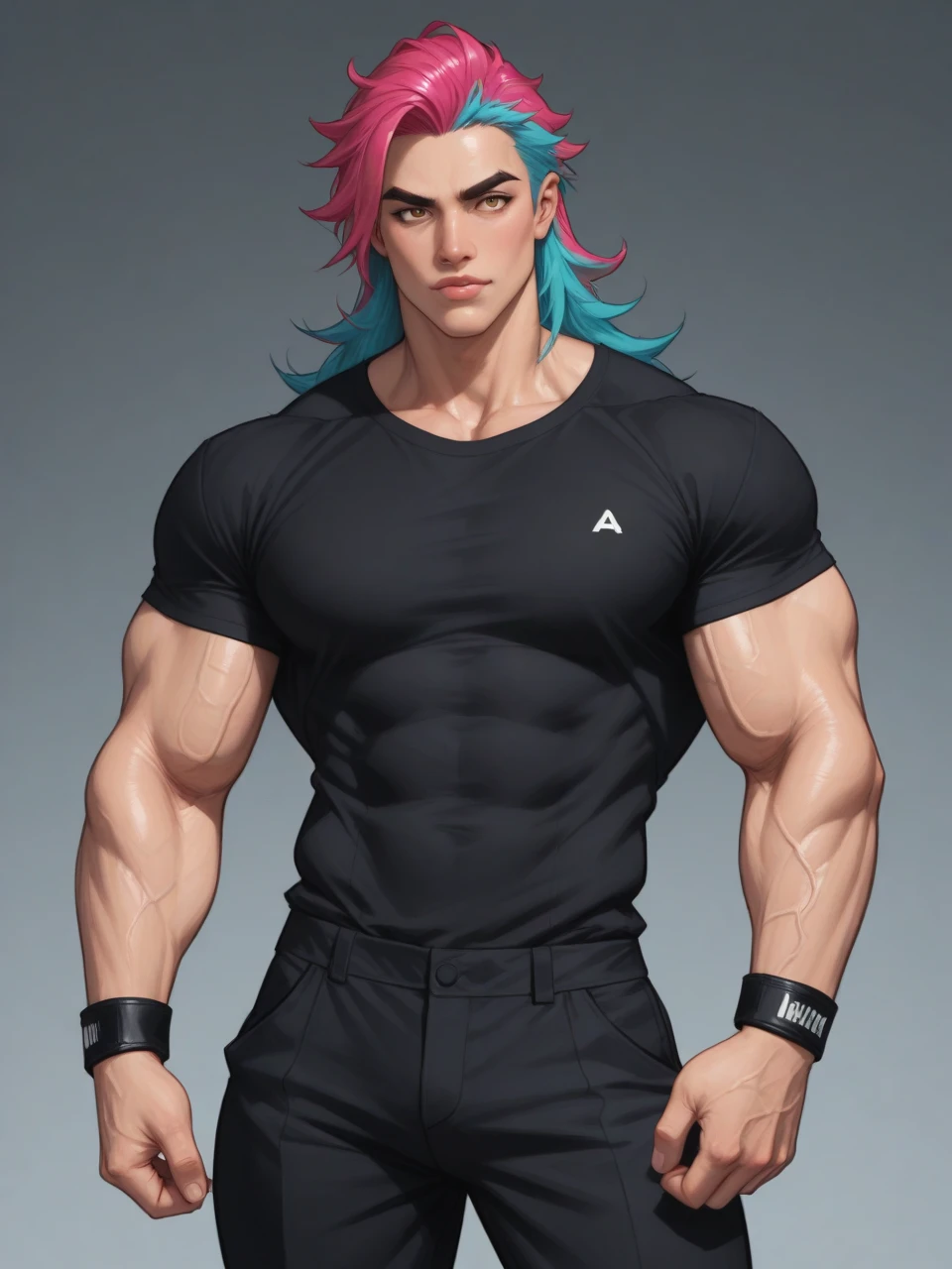 male. Red middle long hair. Magenta eye color. Wears a shiny silk-like black skin-thight shirt without sleeves and with a small collar, white trousers and black shoes. big pecs, wing tattoo on chest, muscles; six-pack, abs.