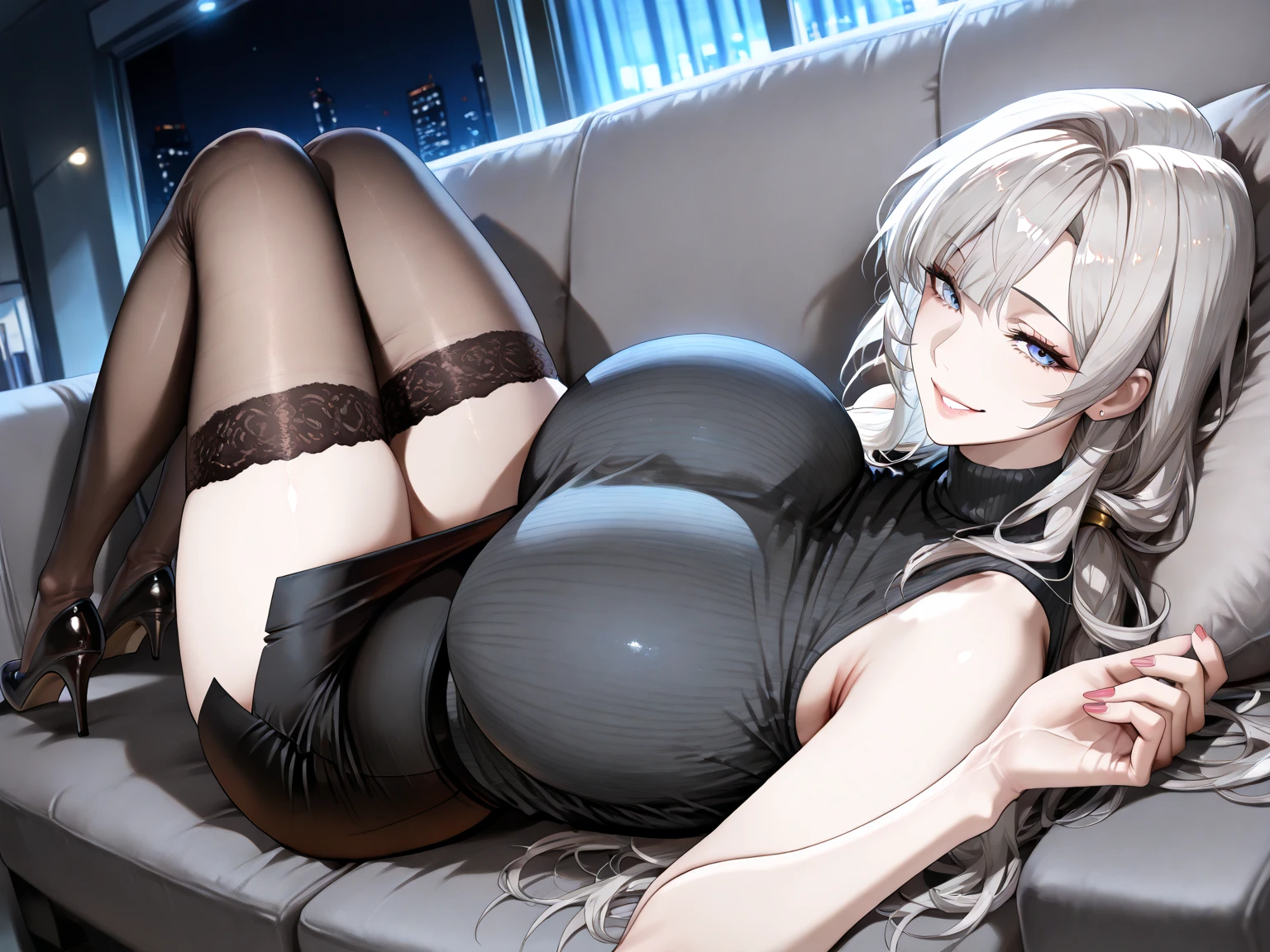 (masterpiece, best quality:1.2), (8k, best quality, masterpiece, Golden Ratio Composition,:1.3), woman, (Beautiful Japanese woman in her 40s), (Busty woman), (Thick thighs), (光滑的Long legs), (Wear a shirt,:1.2), (Huge breasts), (Long legs), Soft face line,Gentle,Silver short hair,