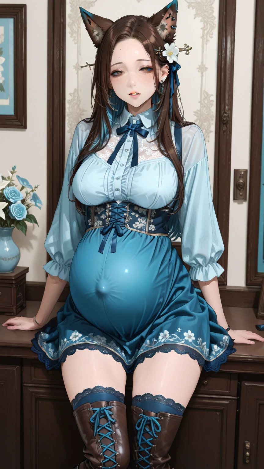 A small loli, (super huge gigantic breasts), pregnant with decenites with a very huge pregnant belly, wearing a Lolita dress