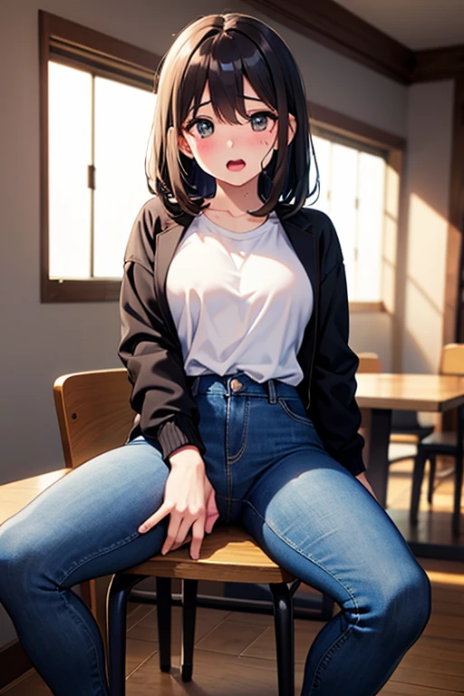 ((1 girl)), 1 face, sitting on desk, (((wariza))), open legs, (girl in skinny tight navy jeans), (long jeans), (navy jeans), ((jeans legs)), slim, slender, 17 years old, (short bob cut), ((black hair)), bangs, nose blush, full opened eyes, round mouth, drool, orgasm, (white shirt), hard nipple, pink nipple, (((embarrassed))), hard sweat, ahegao, detailed face, blue eyes, classroom, japanese, detailed jeans, detailed cloth, high quality, small breast