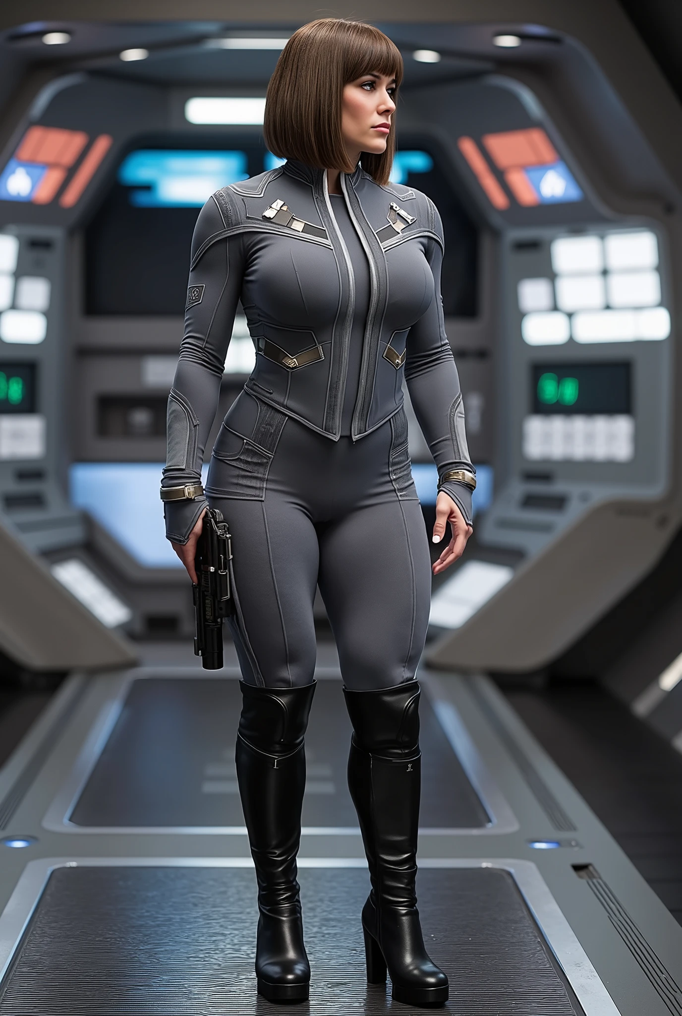 Mulher, Almirante, Comandante, Galactic Admiral Clothes, blaster no coldre, Bob-Cutted Brown Hair, Roupa Cinza, black leather high-top boots, Firm breasts and juicy back, athletic, cintura final, quadril largo, linda, realista, deep inside a Star Wars spaceship.