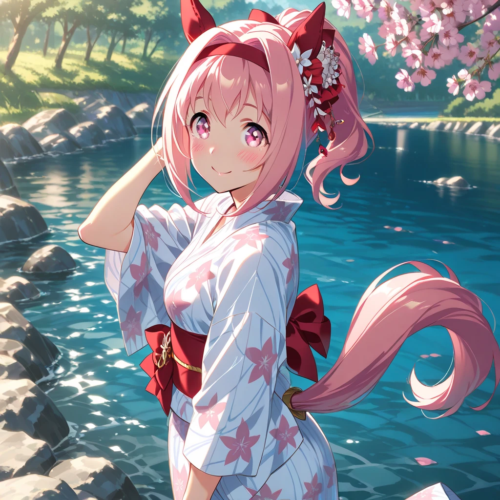 Super masterpiece, super high quality, super high quality, super high detail, super high resolution, beautiful image, artistic image, 8K, Uma Musume, one girl, solo, Haru Urara, horse ears, tail, smile, blush, yukata, yukata style, riverside,