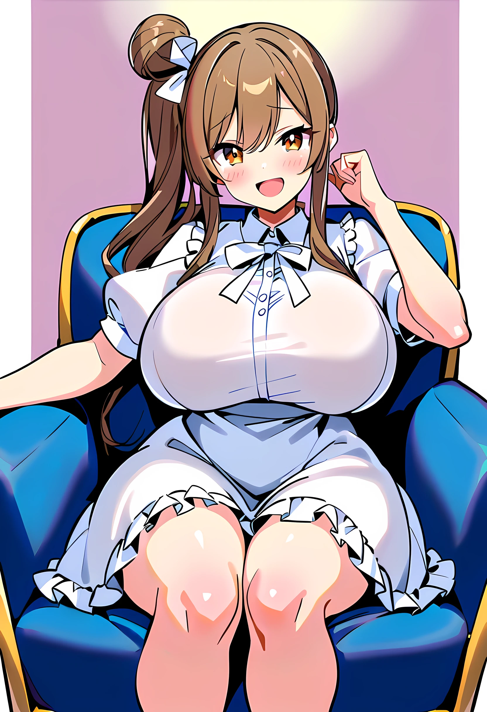 score_9_up,,score_8_up,score_7_up,score_6_up,score_5_up,score_4_up, 1 girl, satosasara, brown eyes, brown hair,(single hair bun:1.2), (right side ponytail:1.2), long sideburns,(( long hair)), frilled dress, white dress, white ribbon, short sleeves, puffy sleeves, puffy short sleeves, frills,(huge breasts),(curvy),closed eyes,open mouth,smiling,embarrassed,graceful sitting blue chair,indoor,angle from front,looking at viewer,
