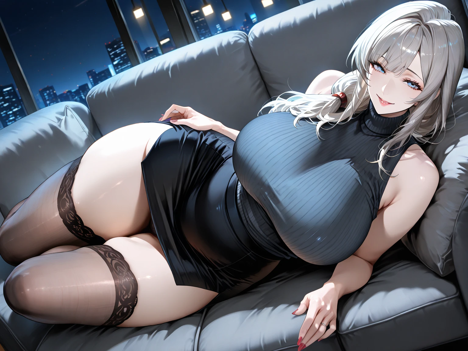 1Woman milf “"normal breasts" + "large rear" + "wide hips" + " tiny waist" + "Small rib cage, big hips" + "pear-shaped figure body" + "plump thighs" + "gray eyes" + "Black eyeliner" + (("empty expression")) + "shortcurly black color Hair" + "Red Lips" + "Lucious Lips"”)}, {“Outfit": knee-length beige sweater, loose pants, sitting on the couch with two black cats}).