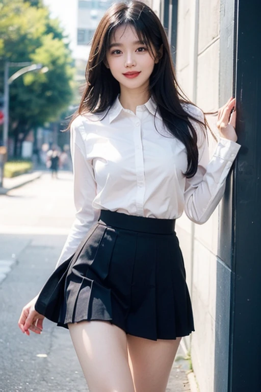 absurdres, 8K raw photo, best quality, ultra high res, 1girl, looking at viewer, natural skin texture, realistic eye and face details, smile, beautiful legs, skinny, slim legs, solo, ageyo sal, JAPANESE girl, sunshine, shiny hair, skirt, loose necktie, socks, shoes, , plaid, plaid skirt, shirt, loafers, knee highs, pleated skirt, full body, black footwear, black socks, realistic, (standing), sunshine, (((depth of field:1.4))), smile, absurdres, , detailed face, detailed eyes, see-through bangs,