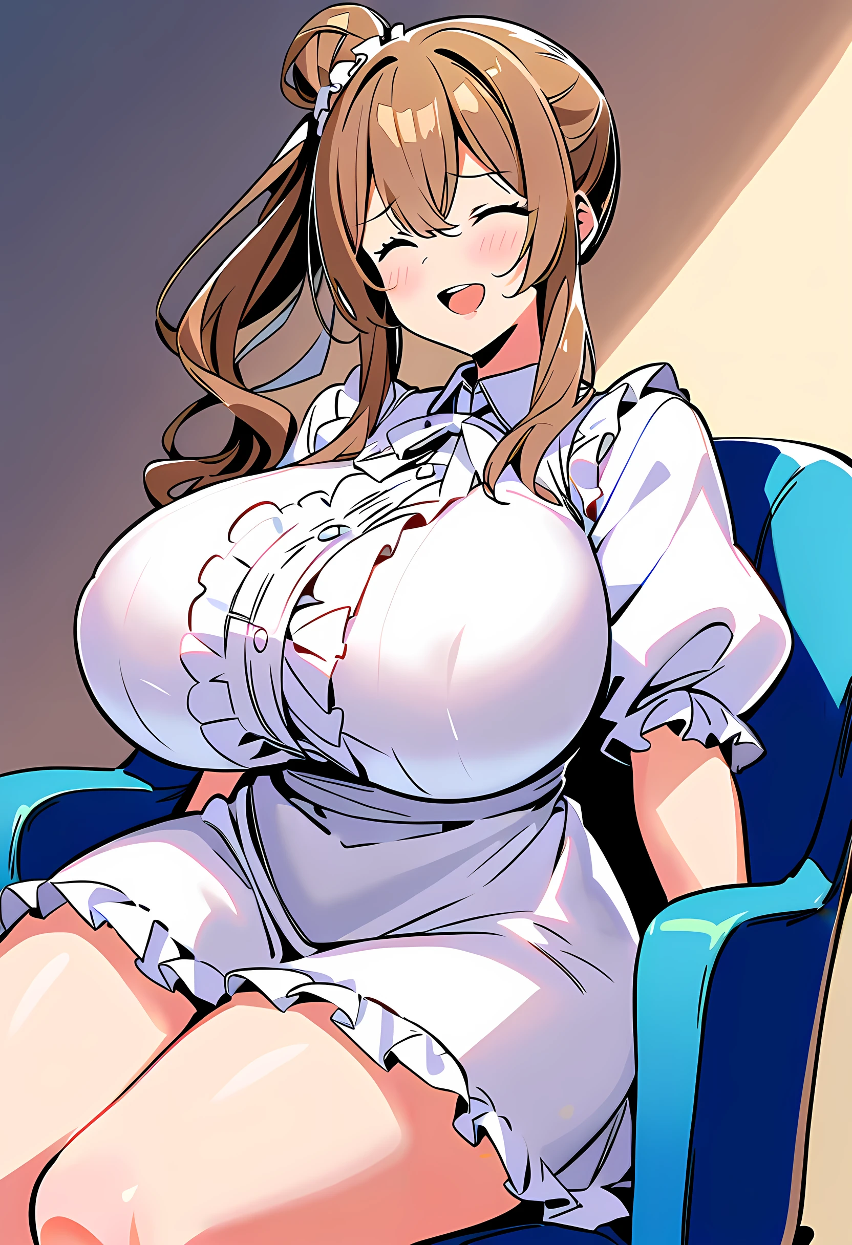 score_9_up,,score_8_up,score_7_up,score_6_up,score_5_up,score_4_up, 1 girl, satosasara, brown hair,(single hair bun:1.2), (right side ponytail:1.2), long sideburns,(( long hair)), frilled dress, white dress, white ribbon, short sleeves, puffy sleeves, puffy short sleeves, frills,(huge breasts),(curvy),((closed eyes)),open mouth,smiling,embarrassed,graceful sitting blue chair,indoor,angle from front,looking at viewer,