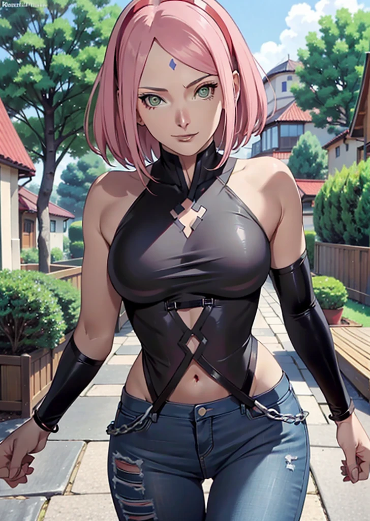1 girl,corpo sexy,perfectbody,very tight clothes,shows a lot of skin,sexy clothes,,breasts appear,standing in the garden,sakura haruno,red hairband, night time, orange light, (( black bra)),Panas black jeans,Panas, breasts big, from front view, sitting down, room, sit on bed((unbuttoning bra)) opening the bra, ((hands on bra)) cum on breasts, sweat on the breasts