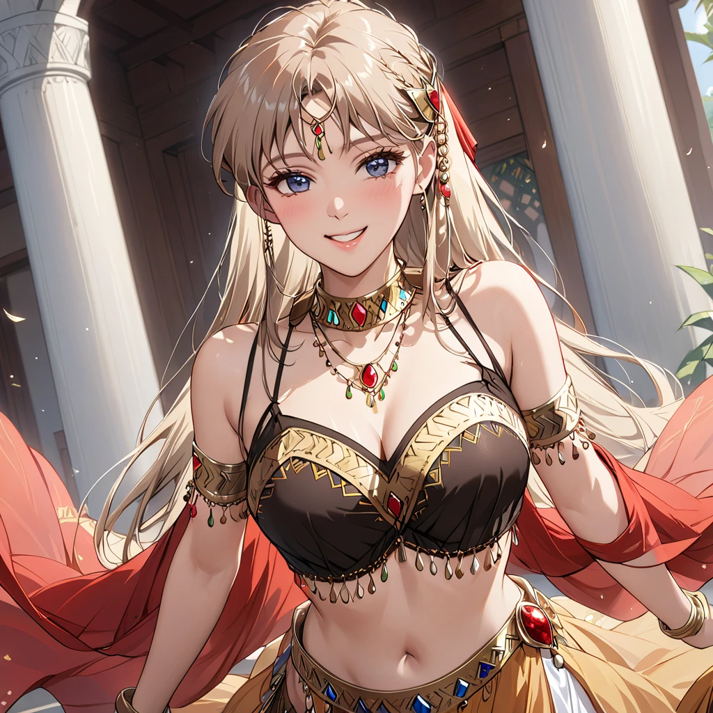 (masterpiece, best quality, high resolution), absurdres, intricate details, realism, (lens flare, glitters), (detailed shining light blue eyes:1.2), looking at viewer, (cowboy shot, zentangle), <lora:add_detail:0.5>
BREAK (delicate hair, detailed shining light green or yellow hair blowing in wind:1.2), beautiful face, shining earrings, light smile, veil, [tiara]
BREAK (kawaii cute 1girl in gorgeous palace hall:1.3), (delicate best hands), fist
BREAK gorgeous red and golden berry dance silky wear, fine jewelery decoration, (large breasts), detailed skin, naked stomach, navel
BREAK gorgeous red and golden berry dance (silky long skirt), fine embroidery, (dynamic pose:1.2), (lively atmosphere, lively crowd:1.15)
BREAK (exotic ambiance, swirling veils, vibrant costumes, graceful movements, mesmerizing music, dimmed lights, alluring atmosphere, rhythmic beats, enraptured audience, captivating performance)