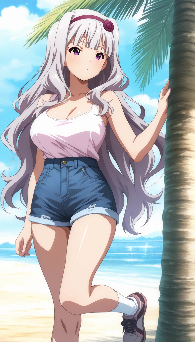 masterpiece, best quality, girl, pale skin, red eyes, giant white hair, ((hair highlights effect)), ((hair between eyes)), sweatshirt, ripped jeans, white sneakers, medium breasts, accessory neck, eyebrow, fox ear, ((perfect)), smile, small waist, big breasts, thick legs, big thigh, background scenery, on the beach, standing, beautiful day, ultra detailed water, pov, looking at the spectator, flushed, lustful,