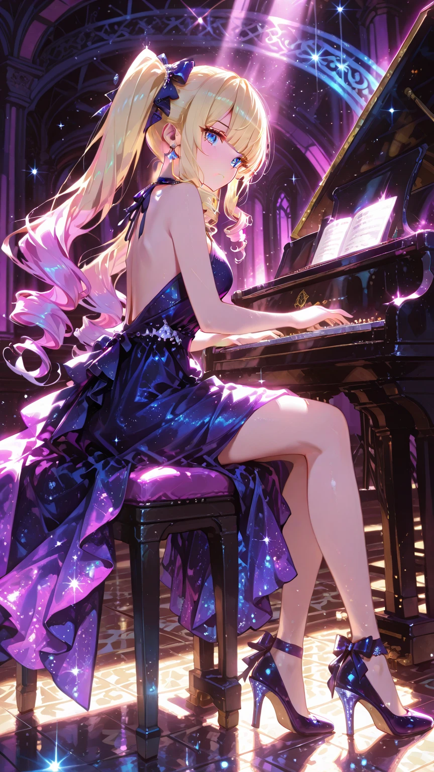 1 girl, (solo), headback, from side, side view,piano, (music score, playing piano:1.2), sitting, chair, (entranced:1.3),see-through halter dress, transparent dress, high res,armlet, necklace, bracelet, jewelry, laurel wreath,1girl, (young), pretty face, shiny skin, shiny hair, floating hair, slim, thin, nsfw, (masterpiece), best quality, extremely detailed, ultra-detailed, highly detailed background, official art, extremely detailed CG unity 8k wallpaper, perfect lighting, vivid color, best illumination,concert, stage, light rays, light beams, light sparkles, growth particles, (god rays:1.2), (floating papper:1.3), ahegao, rolling eyes
