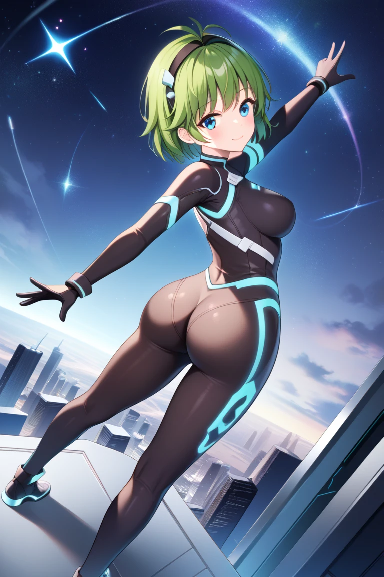 Highest quality, masterpiece, Ultra-high resolution, (Realistic:1.4), RAW Photos, Intricate details, Big beautiful eyes, Perfect contours, masterpiece, One Girl, ((Middle school students)), Braided Bob, chest is medium size, Competitive swimmer, (one piece, turtleneck,Sleeveless swimsuit), Clear metallic green swimsuit, 　tight high leg swimsuit, ((back view:1.3, looking over shoulder:1.3, shoot from below:1.3)), Portraiture, View your viewers, Outdoor swimming pool, Partially submerged, Wet Skin, smile, (Underarm)