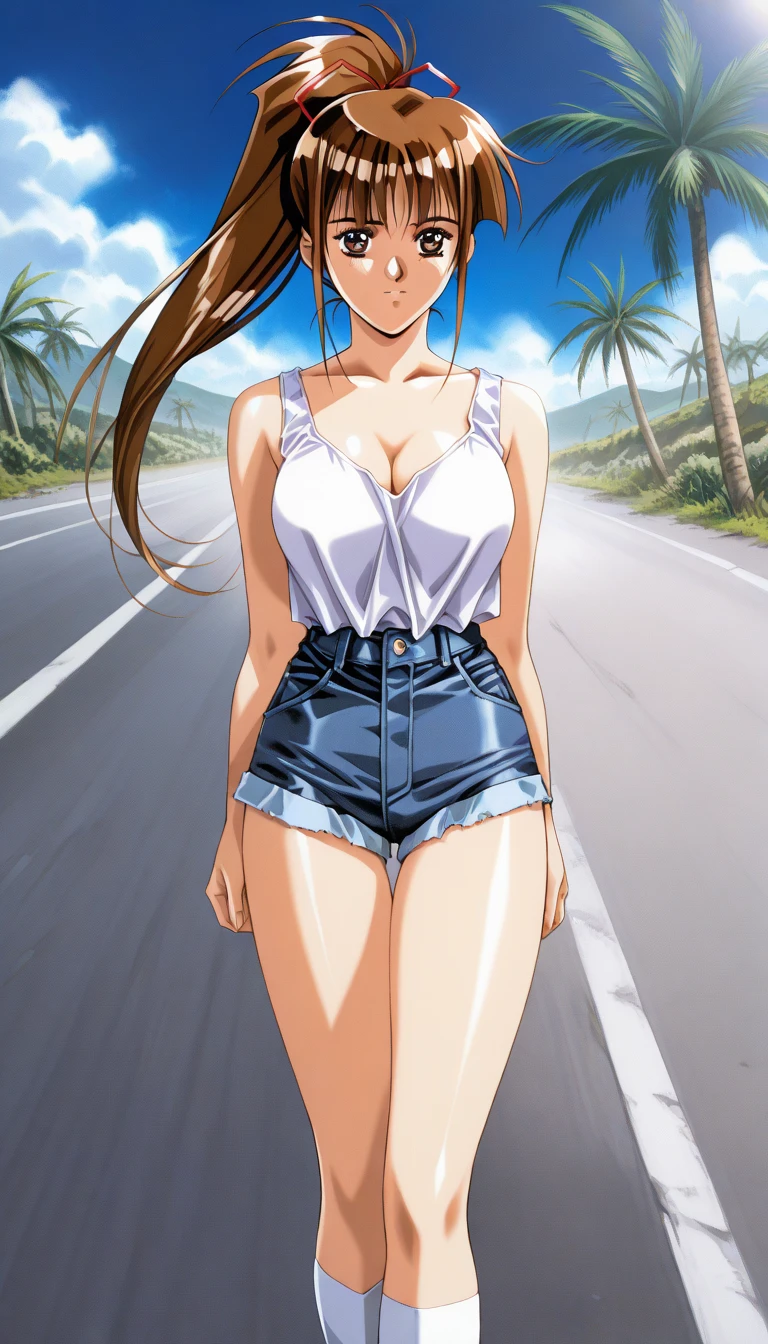 masterpiece, high quality, sexy woman standing in green grass next river pose with big tits on, 1girl, breasts, outdoors, solo, nipples, large breasts, silver earrings, long hair, looking at viewer, shorts, bangs, denim, smile, collarbone, closed mouth, cowboy shot, denim shorts, sleeveless, bare shoulders, blush, day, short shorts, earrings, shirt, grass,