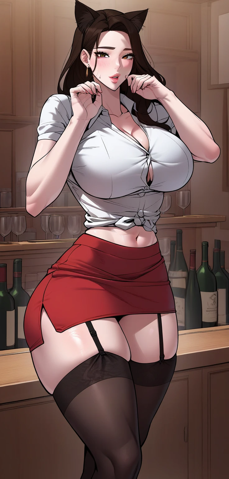 Super realistic and detailed sexy professor , Sitting at the table with shirt open , Glasses crossed legs high heels
