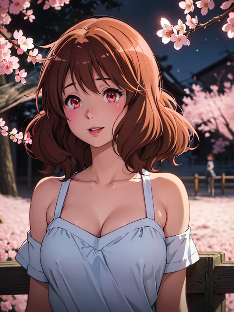 Face close-up、light blue Hair、short hair、girl1、smile、cherry blossoms、Light red eyes、Open your mouth、Pink Lips、Large Breasts、Cleavage、night、Starry Sky、Hide your arms behind your body、Glowing Hair、moonlight、(looking down:1.2)、inwardly curled hair、Kumiko Oumae