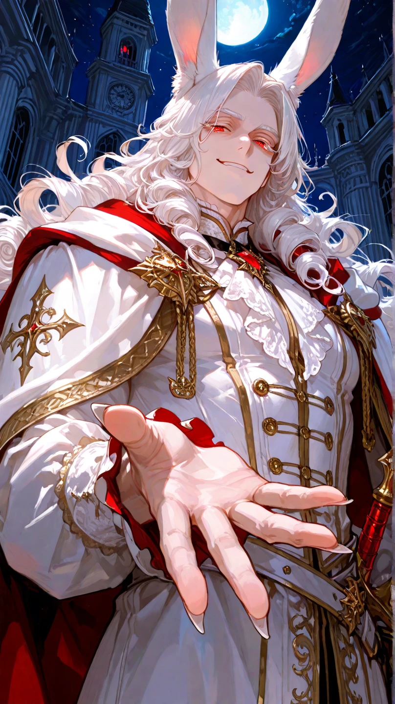 1male, silver hair, evil smile, blue eyes, silver robes, noble, blue clothing, medieval, mansion, intricate details, messy hair, long hair, adult, beard, {action scene of: a man standing, holding a chalice}