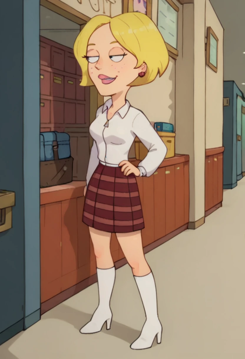 olga pataki, white shirt, black vest, long sleeves, midriff, white thighhighs, brown boots, blushing, forced, black headband, blonde, short hair, retro style, dressing locker room, fat man, sex, face against the wall, green skirt, grabbing head