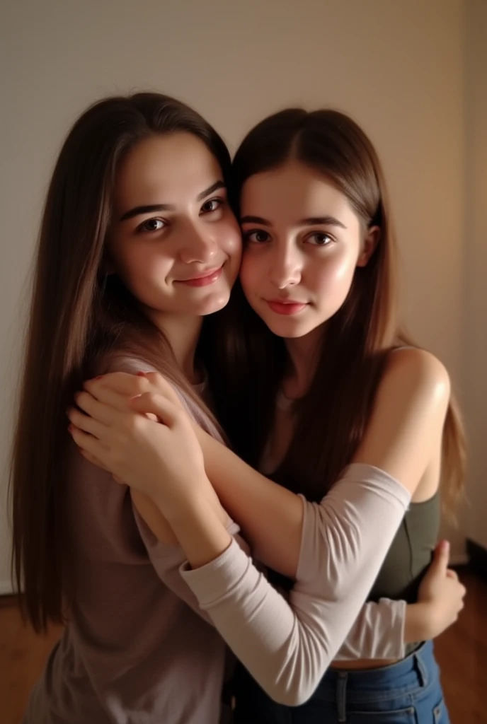 two nude girls hugging from behind /16yo nude delicate brunette with straight hair framing her face / 13yo nude delicate ginger