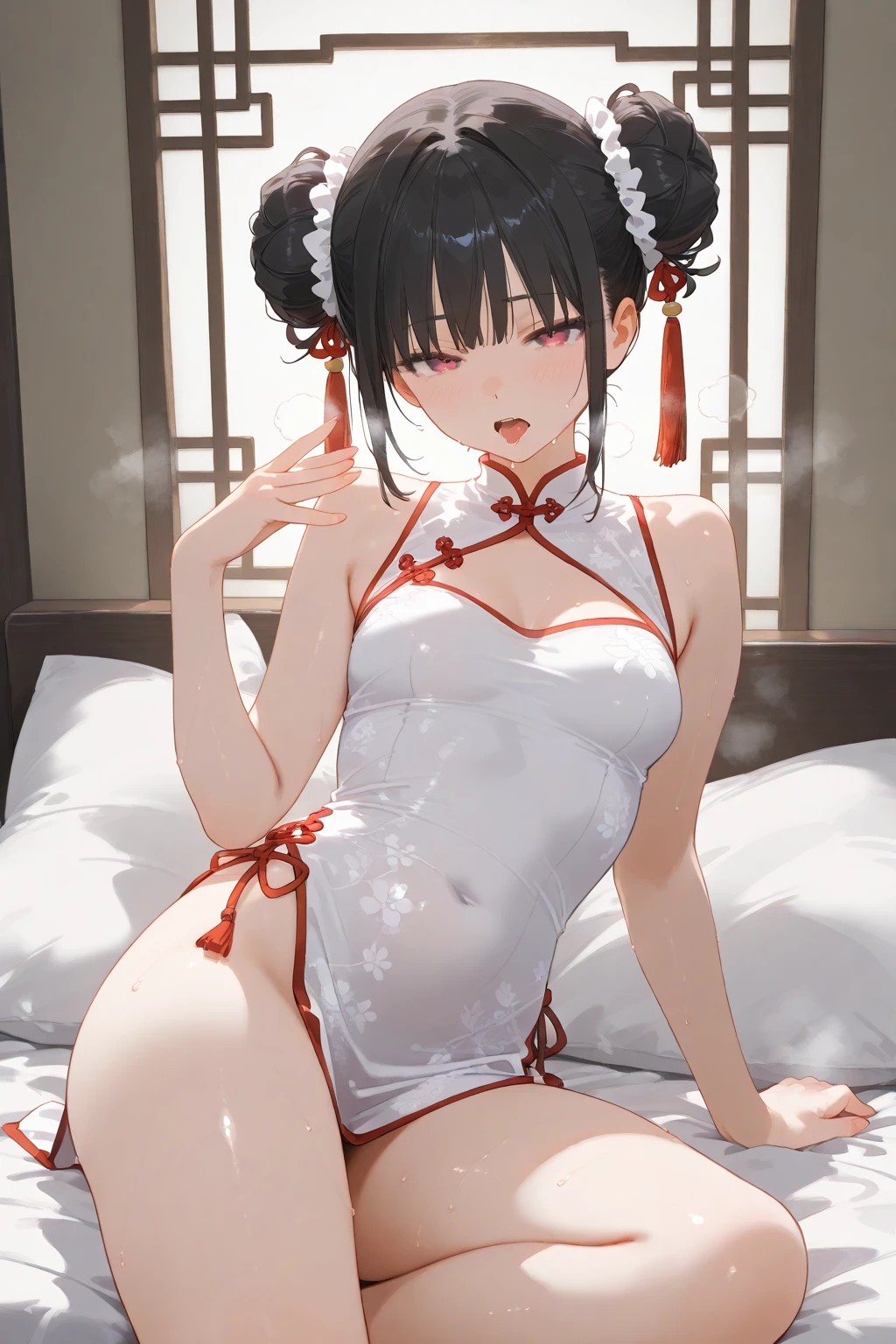 nude girl whit: "((((professional: Step by step, taking into account even the smallest detail, God-level final result, all intricate details, cowboy shot, solo 1girl view))): "1 fox girl, ruby eyes, fox ears, fox tail, high ponytail, firm breasts, medium breasts, smug, cute, short black china dress, very low-cut, (light clothing very thin and transparent like air), side full body, pelvic short curtain, thigh ribbon, (pumps:1), (hugging own leg:1.1), chinese style, indoors, sharp focus, see nude, covered body, looking at viewer, (intricate:1.3), red light theme, (orange tone:0.7), illustration)")"