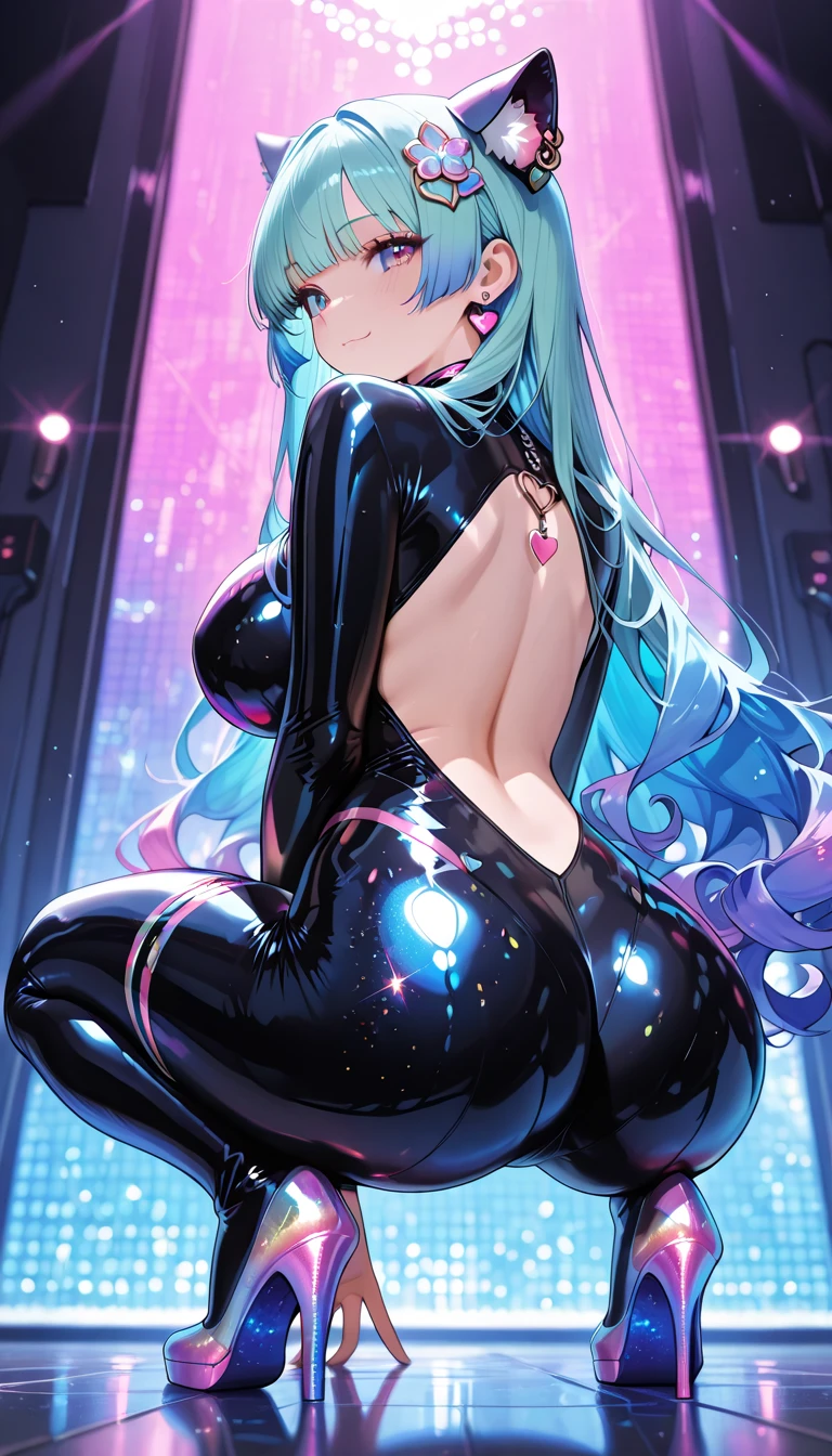 Ultra sexy pose ,vue de face, legs spread, 1 sexy girl, background galactic, stars, illustration with many rainbow colors, pop art style, 80's art, art arround the girl, Decorations, girl with beautiful Asian face, beautiful arts effects arround the girl, close-up low-angle view, sexy girl, arched girl , fantasy, face piercings, beautiful rainbow twisted hairs arround the girl, girl wearing a verry tight multi colored sexy tight clothes without black color, beautiful girl, HD, full details, Ray tracing, high quality, verry detailed picture, girl qui rougie, expressive, rainbow colors sexy clothes , rainbow colors, HD, full details, high quality, upscale HD, underboob, beautiful picture, perfect girl,