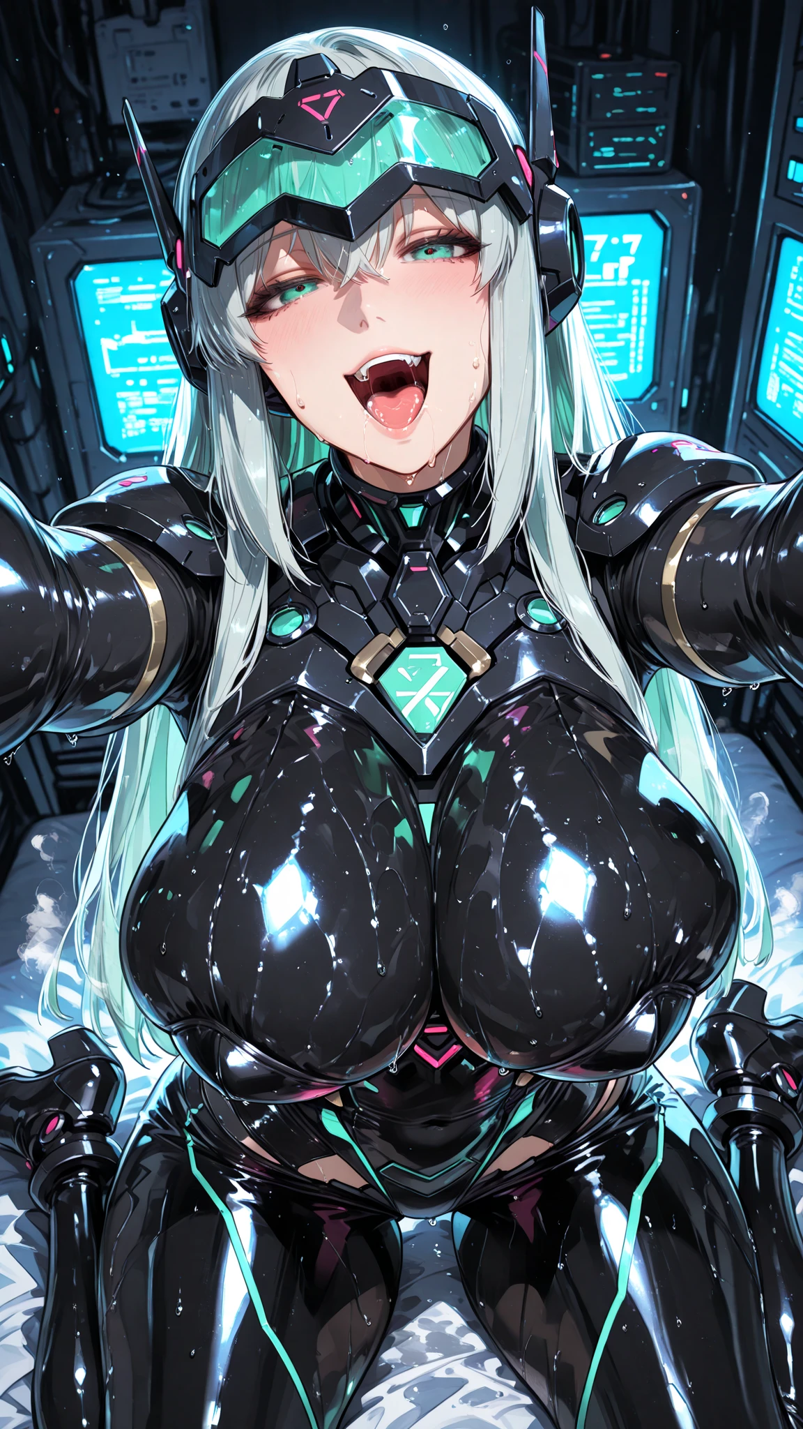 fog, darkness, grain, cybernetic, artificial intelligence, space station environment, Shodan from the game System Shock, green and grey cybernetic female, connected wires to body, grey and purple wires from head, menacing glowing green eyes, massive breasts, colossal breasts, monster breasts, plump, thick thighs, cameltoe, constricted pupils, crazy eyes, crazy smile, grinning, malevolent expression