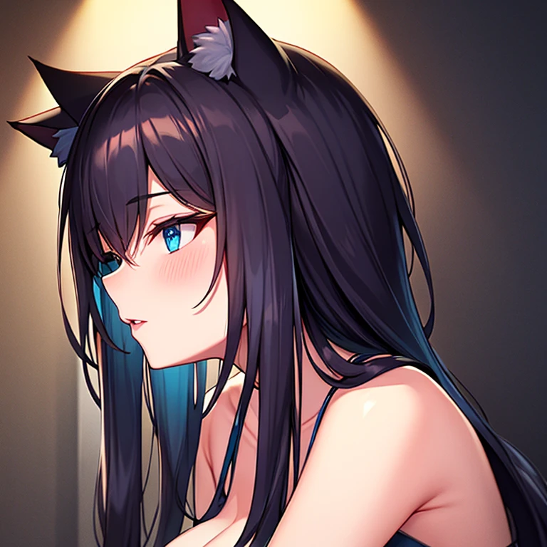 Il y a une femme adulte qui prend sa douche, under shower, bathroom, wet skin, wet hair ,shining skin, cat ears,, Dark and purple hair, black hair and purple locks, cat ears on the head, belle poitrine, Avatar de seconde vie, Nice screenshot, Seconde vie,, seductive woman, high quality, high detailled skin, Glued to the wall, montre son cul