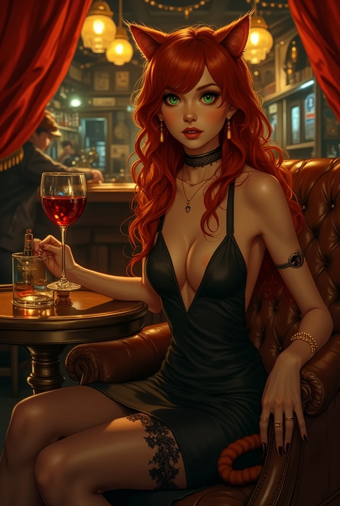 A woman with red hair, white skin, green eyes, thin nose with pink mouth, with a light makeup, wearing a dark blue dress with a light Glitter with medium breasts, thin waist, wide hip with an elegant neckline, nails painted water green, long straight hair with light curls at the tip, wearing thin heeled shoe of black color, wearing a beautiful choker with a sapphire, wearing silver earrings with sapphires, wearing: a silver bracelet she is sitting in a chair in an elegant position with a table on the table has a glass of wine with wine on the table has a bottle of wine inside a bucket with ice a plate with spaghetti in the sauce sugo with grated cheese she is on the balcony of a luxury hotel overlooking the Eiffel Tower in Paris is at night the sky has a moon lit with a many stars around the balcony and large with a modern decoration the woman is happy on the balcony has an open glass door