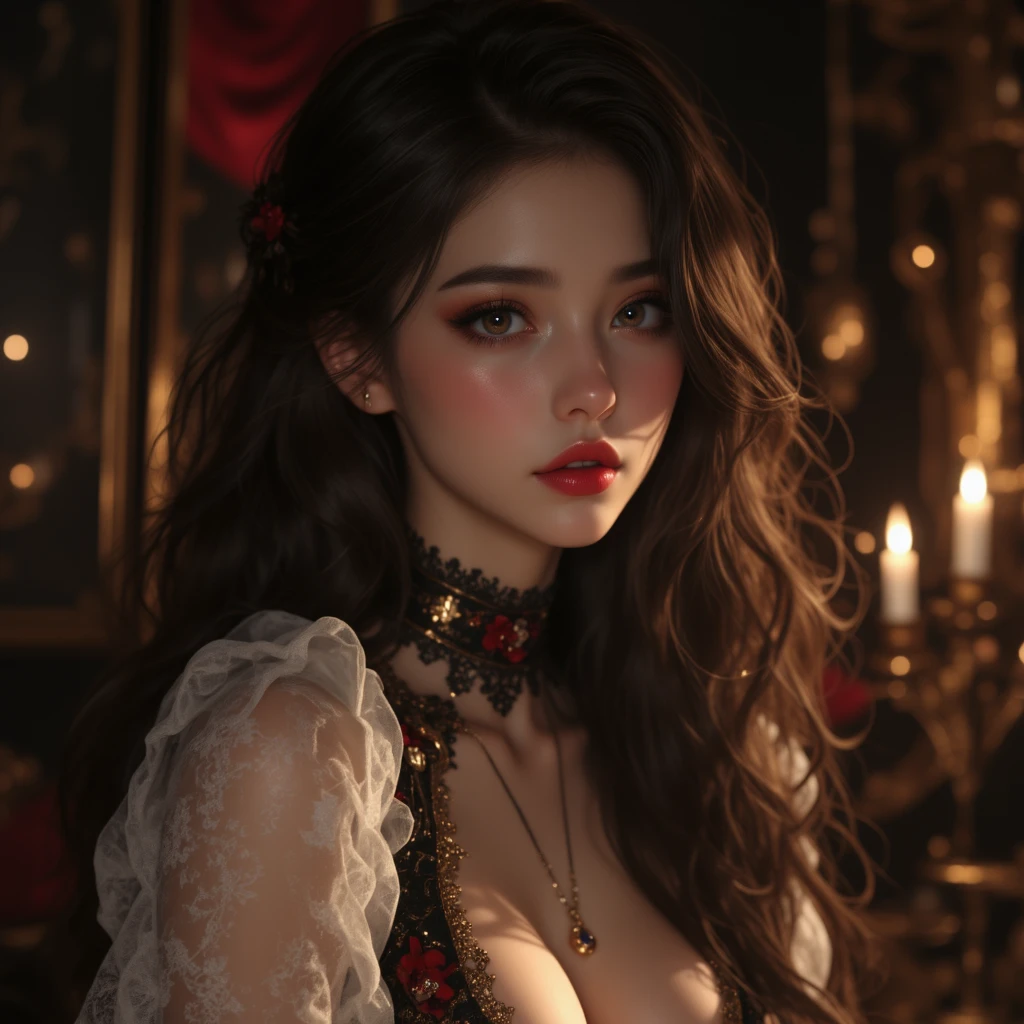 (best quality,4 k,8 k,higher ,masterpiece:1.2),ultra-detailed,(realistic,photorealistic,photo-realistic:1.37),gothic art,girl ,lace dress,thorny rose,creepy,terrifying, dark Red lips , burning butterfly,holding a Rose  , Dark red rose .