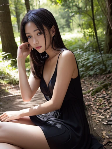 (Japanese idol, 1 girl, unparalleled beauty, look away, smile, small face, perfect style, Body based on human mechanics, Raw photo, real person:1.4) photograph, (professional lighting), (((highly detailed eyes and face))), ((double eyelids)), (Tits sharp focus:1.4), (brown hair, ponytail, elegant light makeup, eyeliner, mascara:1.4), huge , shiny skin, 20-year-old, ((slim body, slender)), (see-through black long sleeve shirt, I can see the cleavage, micro bikini, lean forward and sit on a rock, Beautiful leg lines, Tifa Lockhart lookalike:1.4), attractive face, NSFW, ,