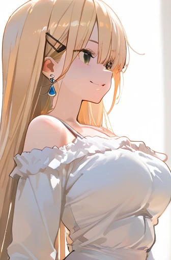 ((top quality, 8k, masterpiece: 1.3)), portrait of elegant mature woman, highres, 1girl, beautiful long hair, parted bangs hair, light blonde hair, light blue eyes, gorgoeus eyes, loose white dress, wide shoulder, wide chest, inside castle, big breast, cleavage, elegant posture, loving expression, warm lighting