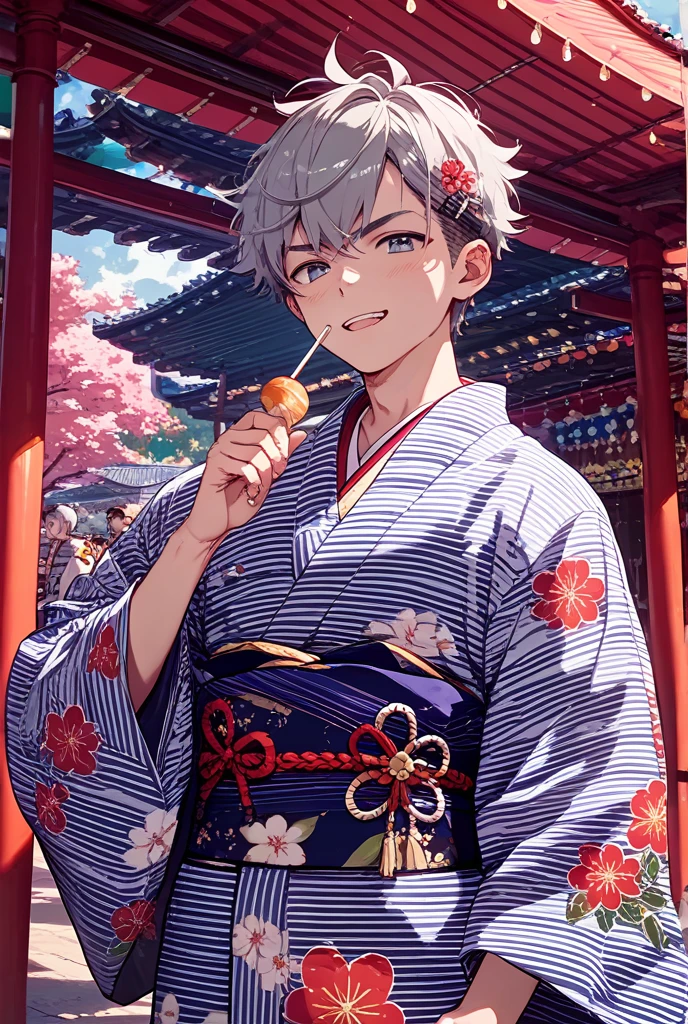 A very handsome male teenager is wearing a very handsome Yukata he is tied by a beautiful red thread and he is wearing Japanese slippers he has light brown skin green eyes silver hair and on the right side he has a tengu mask attached to his head by a red thread he is at a festival eating a candy apple at night the image has to be in hot anime