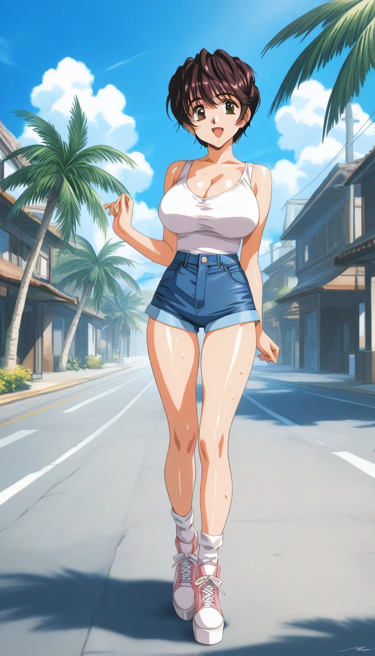 best quality, Ultra-high resolution, (Realistic:1.4), 1 girl, (Thong:1.2), (Large Breasts:1.2), L looks at the audience, Smile, Foote Body, street, Urban, cosmetic, Wide Angle, No clothes, Full body, Naked 