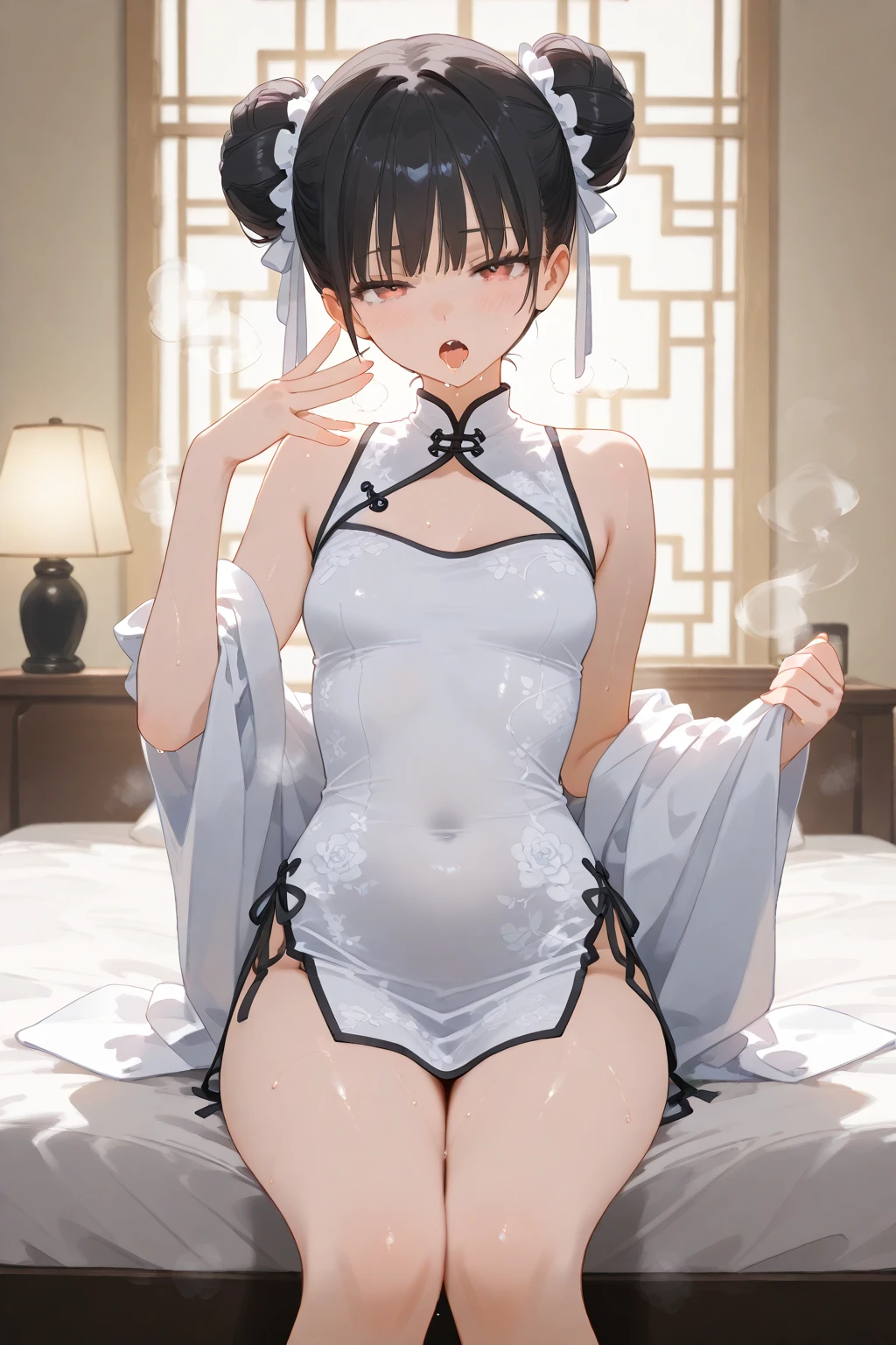 (((professional: Step by step, taking into account even the smallest detail, God-level final result, all intricate details, cowboy shot, solo 1girl view))): "1 fox girl, ruby eyes, fox ears, fox tail, high ponytail, firm breasts, medium breasts, smug, cute, short black china dress, very low-cut, (light clothing very thin and transparent like air), side full body, pelvic curtain, thigh ribbon, (pumps:1), (hugging own leg:1.1), chinese style, indoors, sharp focus, looking at viewer, (intricate:1.3), red light theme, (orange tone:0.7), illustration, "