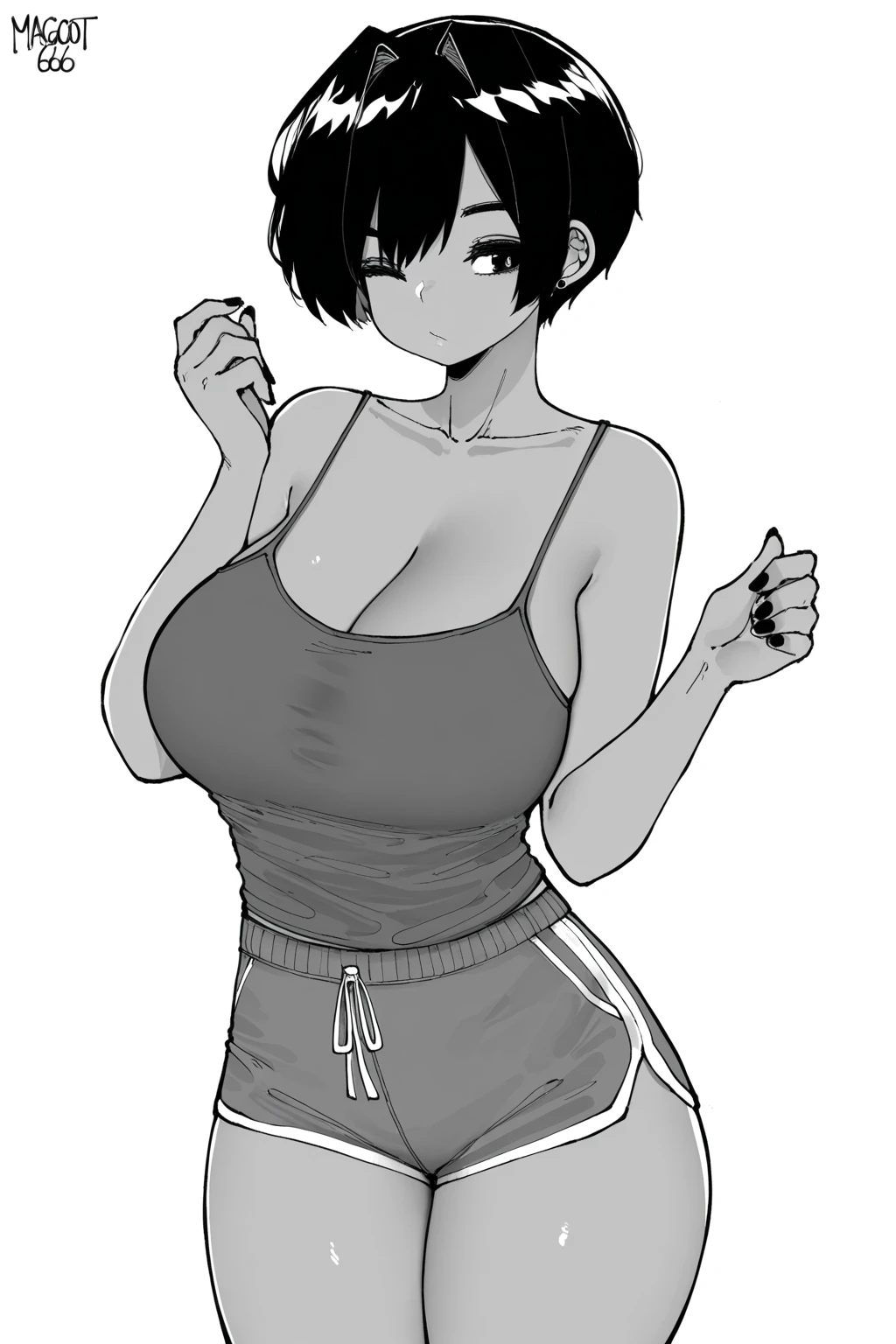 ((Masterpiece)), perfect anatomy, perfect shading, field of depth, (best quality), extremely delicate and beautiful, perfect lighting, detailed face, ultra cute face, cute, (cowboy shot 1.2), looking at viewer, (((1girl))), (((solo))), goth girl
Short hair, black hair, (hair over one eye), pale skin, green eyes, eye liner, ear piercing, ((blush)), shy, nervous, (black tank top 1.5), (plaid short sectioned skirt 1.5), thigh highs, medium breasts, cleavage, ((wide hips)), (((thick thighs))), big butt, (chubby),
park, intricate background, detailed background, hand on hip,
