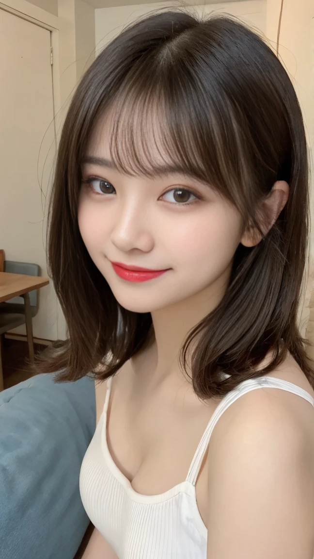 finely, High resolution, high quality、完璧なダイナミックな構figure, beautiful and fine eyes, medium hair, 、natural color lip,Kamimei、Shibuya Ward、20 year old girl、1 person、transparent skin、shining hair、Cafe, 最high quality, figure, super detailed, finely, High resolution, 8K、correct state of the human body、squat、hair flying in the wind、small breasts、camisole、Angle from above、upward glance、smile