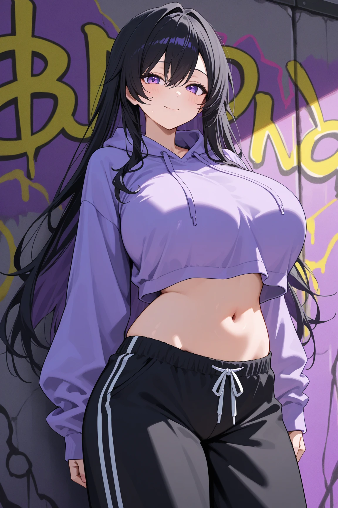 a anime girl with black and purple hair, wearing a pink hat. sitting down on her legs, 1girl, solo, fishnets, choker, black shorts, breasts, midriff, thighs, shorts, hat, navel, crop top, sitting, jewelry, black headwear, blonde hair, black choker, braid, looking at viewer, baseball cap, earrings, long hair, wariza, black footwear, long sleeves, collarbone, short shorts, boots, jacket, large breasts, stomach, purple eyes, heart, cleavage