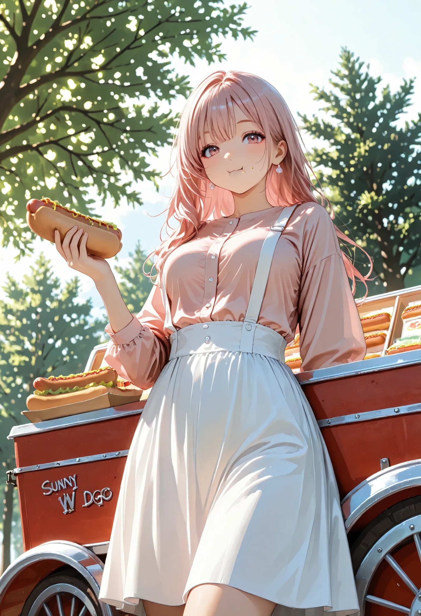 From below,long hair,pink Hair, model, pink shirt, white suspenders ,white skirt,clear makeup, (eating hot dog), ((front hot dog wagon)), outside ,sunny,park
