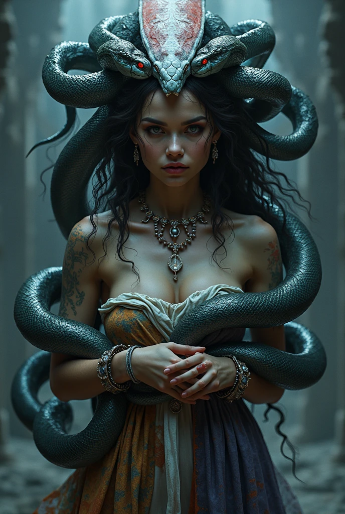 (melancholic+mythological+dark), beautiful and creepy, the last gaze that turns people into stone, a woman-like being with (alive snake hair) and shimmering scales.