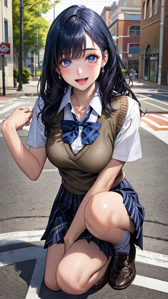 (A work depicting a scene from an anime for adults), ((Braiding, Pleated skirt, ribbon, Round face, Realistic sized eyes, Droopy eyes, blush, Smile of shame, Thin lips, Spread your legs)), (((Stand up and press your crotch against the corner of the table to masturbate))), Open your mouth, (outside, On the sidewalk, Terrace table), futa, medium penis, veiny penis, AS, handjob,