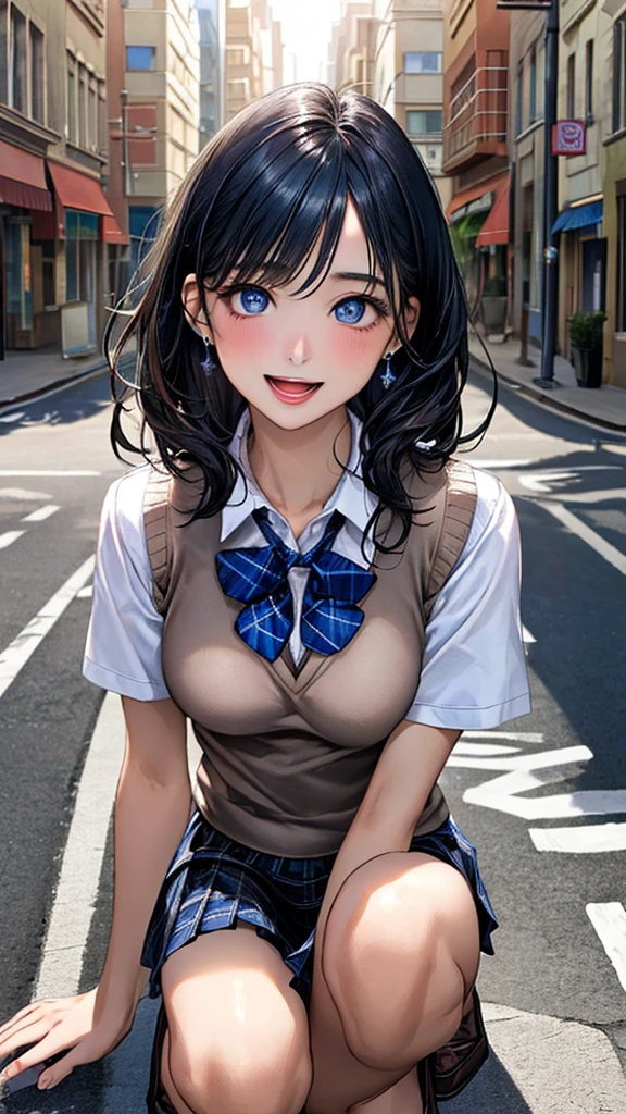(masterpiece:1.2, top-quality), (realistic, photorealistic:1.4), beautiful illustration, (natural side lighting, movie lighting),
looking at viewer, full body esbian, front view:0.6, 1 girl, japanese, high school girl, perfect face, cute and symmetrical face, shiny skin,
(middle hair:1.5), light brown hair, swept bangs, long eye lasher, large breasts:0.8,
beautiful hair, beautiful face, beautiful detailed eyes, beautiful clavicle, beautiful body, beautiful chest, beautiful thigh, beautiful legs, beautiful fingers,
((short sleeve collared white shirt, school uniform, blue checked pleated skirt, blue plaid bow tie)), pink panties,
(beautiful scenery), morning, (down town), walking, (cute, lovely smile),