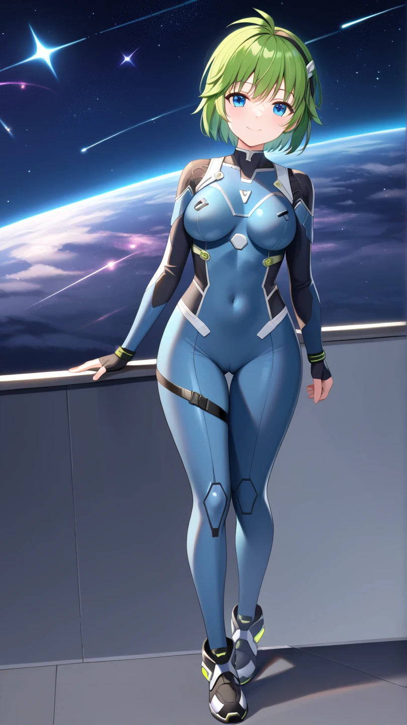 A scene on an alien-filled space base with a beautiful young girl: "It creates a vibrant visual representation of a stunning young woman on a bustling space station. This captivating figure features deep, mesmerizing blue eyes that reflect the infinite expanse of space. Her black hair The loose suit shines with a touch of stellar light, framing her perfect figure. She is adorned in a sleek and modern space suit that accentuates her curves and complements her beauty. The design of the space suit exudes confidence and style. The space station around her is filled with a lively crowd of astronauts and aliens of all kinds. The atmosphere is filled with the sounds of laughter, crashing waves and the joyful energy of a day's work in space. Capture the essence of starlit leisure and charm of this beautiful 20-year-old woman against the backdrop of a lively space base scene." Super detailed, super realistic photographic cinematic image, 8k HDR super high quality image, ultra high resolution, superior quality, masterpiece, perfect Limbs, perfect anatomy, sexy muscular: 1.2, big legs, long ear, beautiful smile, smug face, accentuated breasts