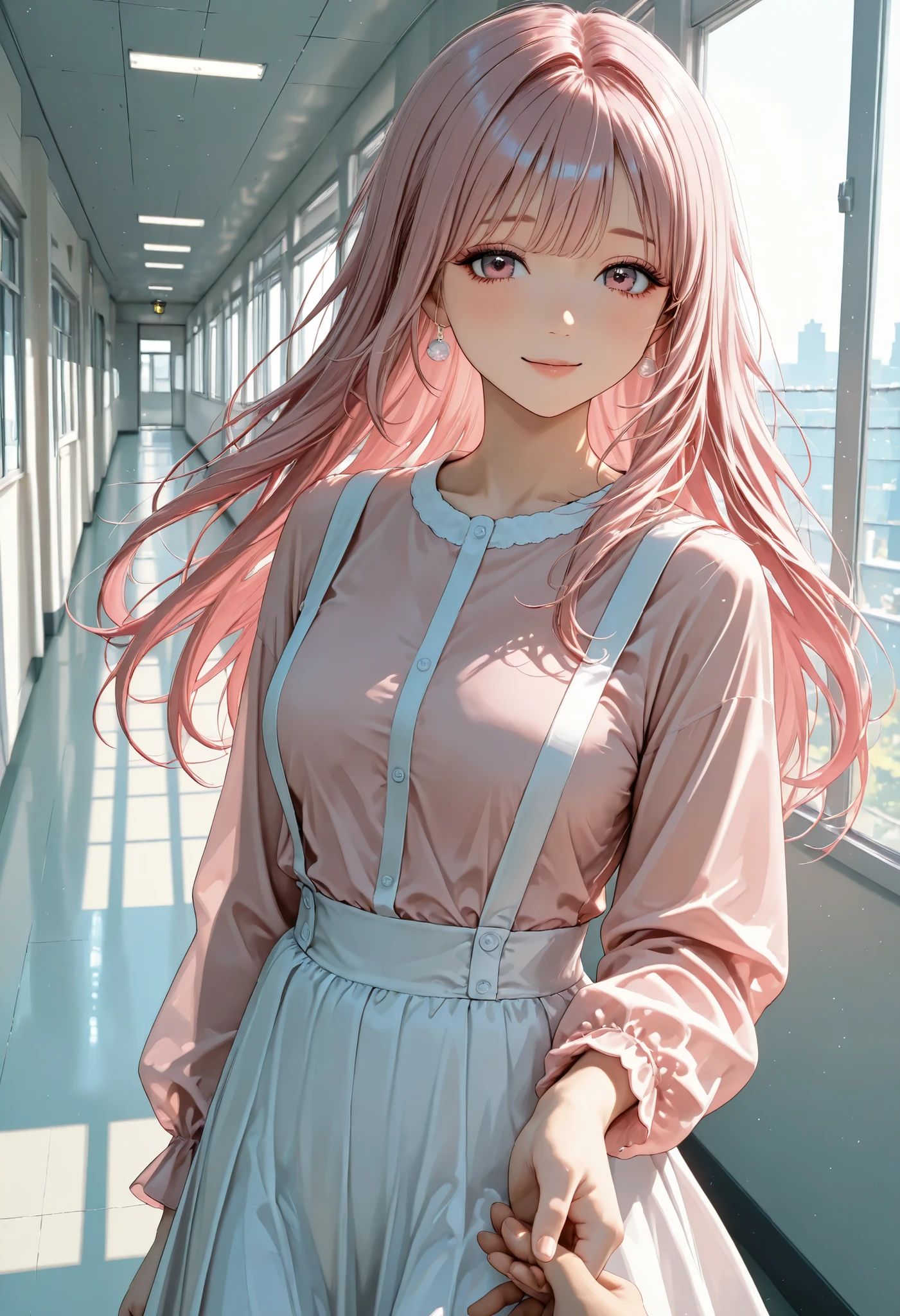 Far view,long hair,pink Hair, model, pink shirt, white suspenders ,white skirt,clear makeup,(She takes my hand and runs :1.5),school hallway, There are other people