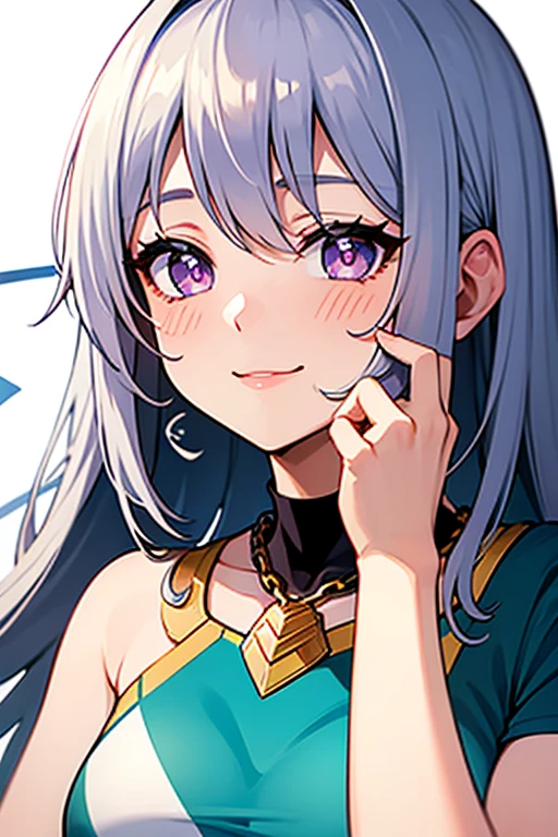 1 girlirl,inner strength-shaped pupils,fingernail,Put your hand on your face,Gray Hair,Purple Eyes,(Blushlush:1.1),neck chain,The upper part of the body,shiver,perspired,perspireddrop,inner strength,(speed-line:1.1),Medium, ((Heavy Breathing:1.3)), ca, inner strength, Cropped Top, cheerfulness, Smile