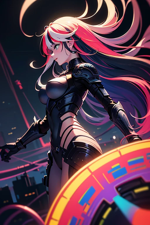 (Best quality, masterpiece), (intricate details), unity 8k 壁纸, Super meticulous, Beautiful and beautiful, (フォトリアリスティック:1.4),
From the side Side, Cowboy photos,
scandianvian woman, scientific fiction, Lovecraft style, standing on your feet,
(multicolored:1.9) plate armor,
cable, electrical wires , microchip, Mechanical components,
pretty face, PERFECT FACE,
very long platinum curls,
beautiful detailed background destroyed city,