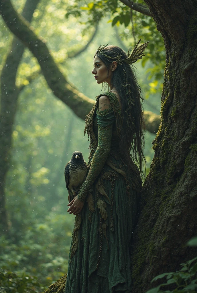 skin The forest guardian stands silently in an ancient tree, bird perches on her shoulder. The light is green and soft. mythical ecological fantasy style, Highly detailed texture and organic form, 4k nature narrative.
