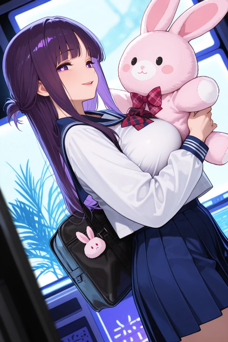 masterpiece,Best quality,Amazing quality,up-to-date,超high resolution,high resolution,up-to-date,Side view,View from below,Dutch angle,1 girl ,perfect eyes,Detailed Eyes, woman,齐By bangs,Long hair,hair straight,looking at the audience,Slightly open lips,faint smile,Plump breasts,a sailor suit,untied red plaid bow tie,Pleated skirt in blue color,鎖骨,collared shir,(holding a pink rabbit plush toy),bookbag,point to,Trinkets,Game hall,Doll catching machine,rich background,volumettic light,Depth of field ,shadowing,fern,By bangs,Purple eyes,purple hair,Lateral hair,平齐By bangs,Bright pupils,Half-tied hairstyle,joy