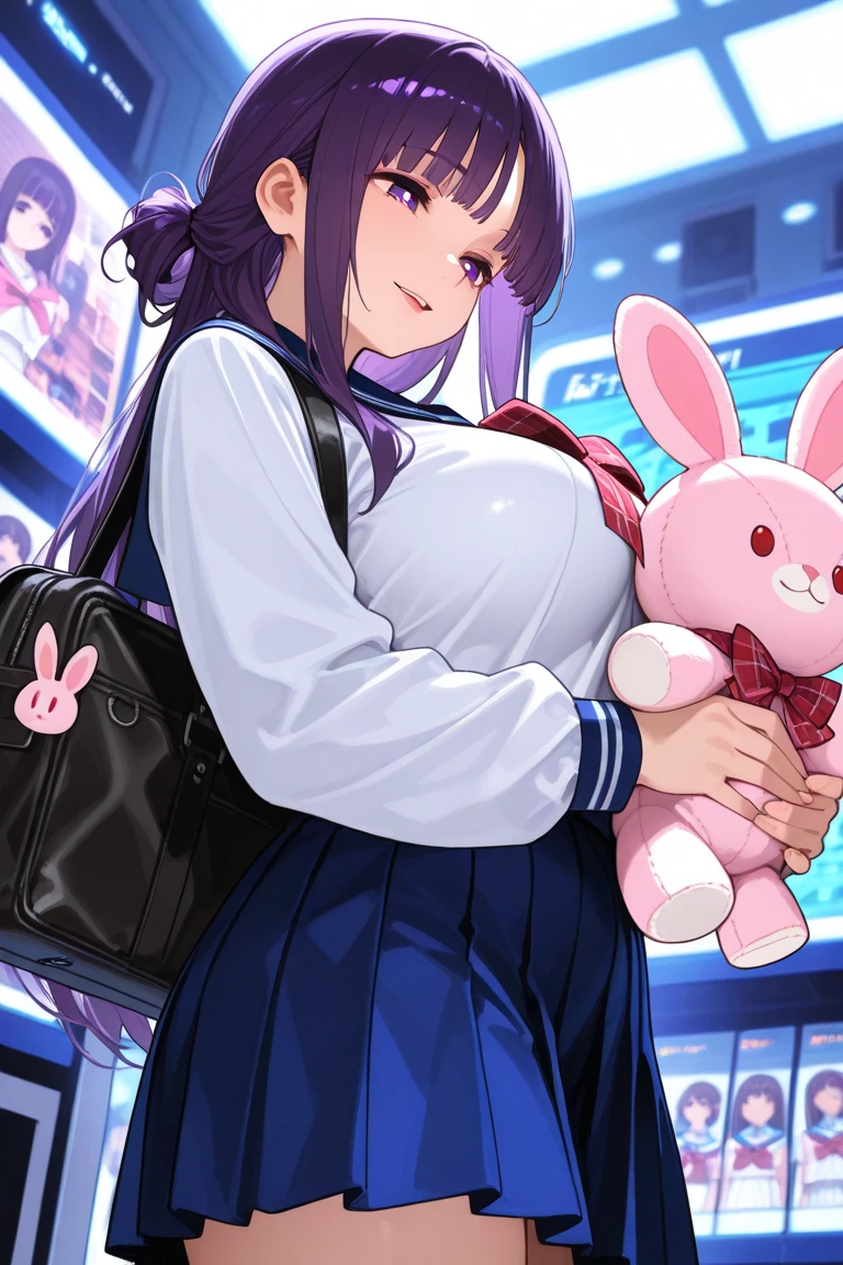 masterpiece，Best quality，Amazing quality，up-to-date，超high resolution，high resolution，up-to-date，Side view，View from below，Dutch angle，1 girl ，perfect eyes，Detailed Eyes，mature woman，齐By bangs，Long hair，hair straight，looking at the audience，Slightly open lips，faint smile，Plump breasts，a sailor suit，untied red plaid bow tie，Pleated skirt in blue color，鎖骨，collared shir，(holding a pink rabbit plush toy)，bookbag，point to，Trinkets，Game hall，Doll catching machine，rich background，volumettic light，Depth of field ，shadowing，fern，By bangs，Purple eyes，purple hair，Lateral hair，平齐By bangs，Bright pupils，Half-tied hairstyle，joy