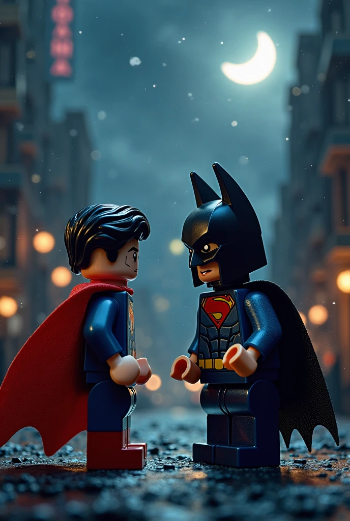 LEGO art version of Superman and Batman，Night scene