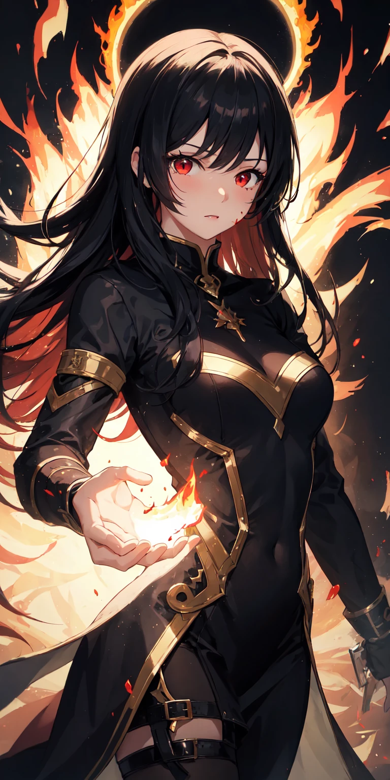 1girl, black hair, red eyes, fire witch, blood, light particles, light rays, wallpaper, high contrast, colorful,